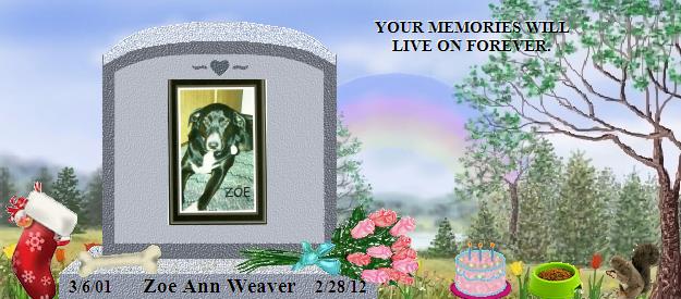 Zoe Ann Weaver's Rainbow Bridge Pet Loss Memorial Residency Image